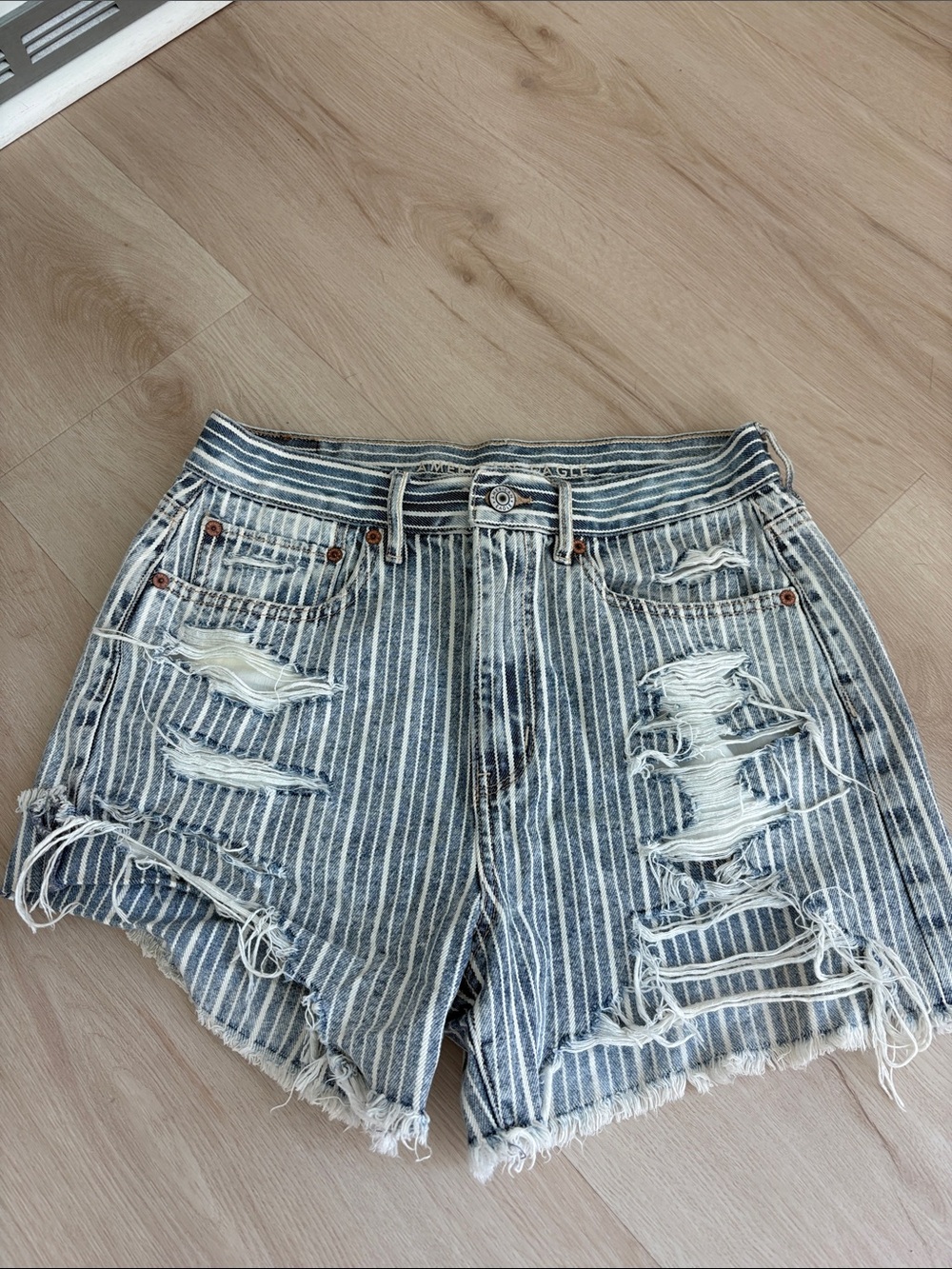 American Eagle Outfitters Striped Distressed Denim Shorts - Blue & White